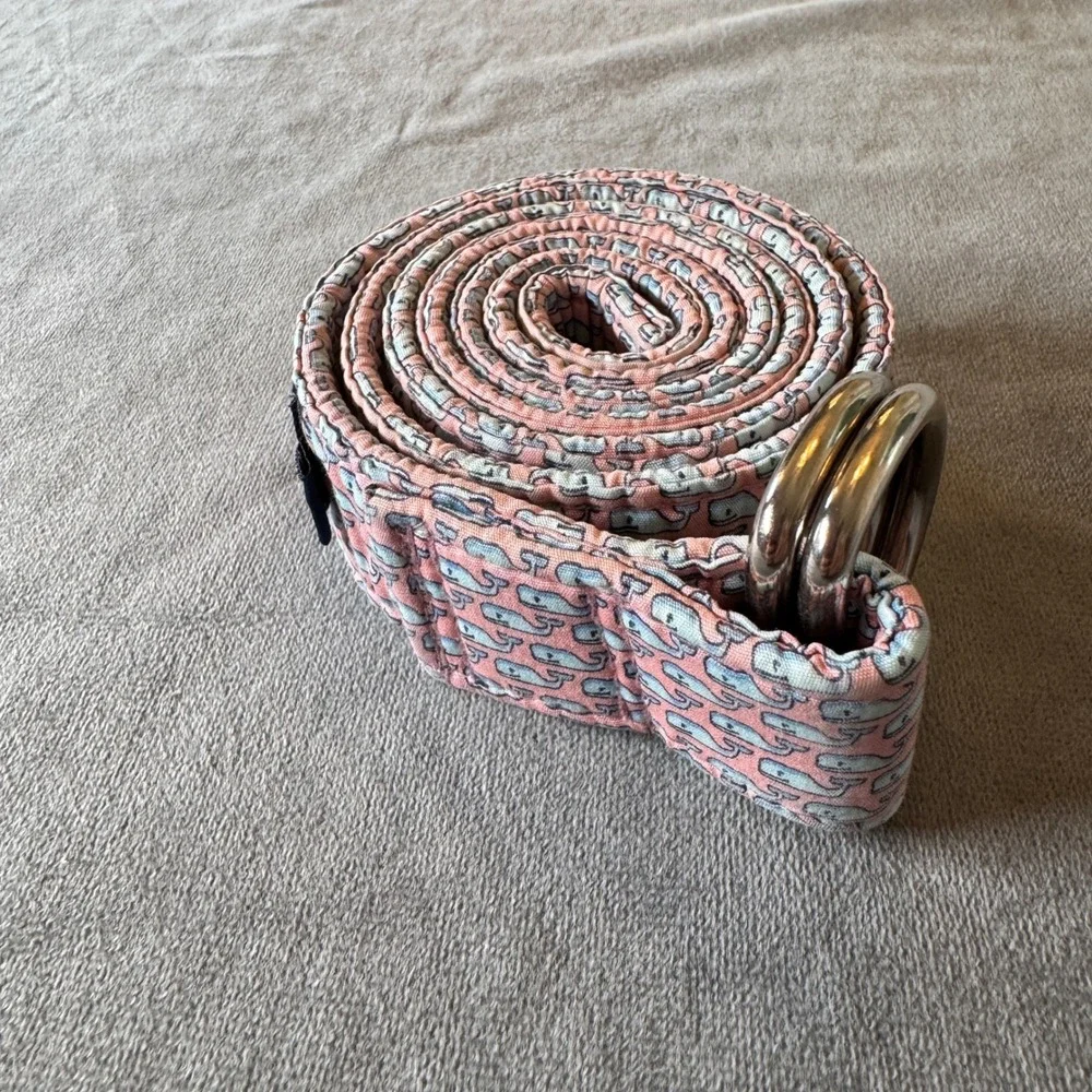 Vineyard Vines Mens Belt L Pink Whale Print D-Ring Cotton Preppy Coastal Unisex